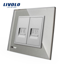 Livolo Grey Crystal Glass Panel VL-C792TC-15 Wall 2 Gang RJ45 and RJ11 Computer/Internet Telephone Socket / Outlet Electric Plug